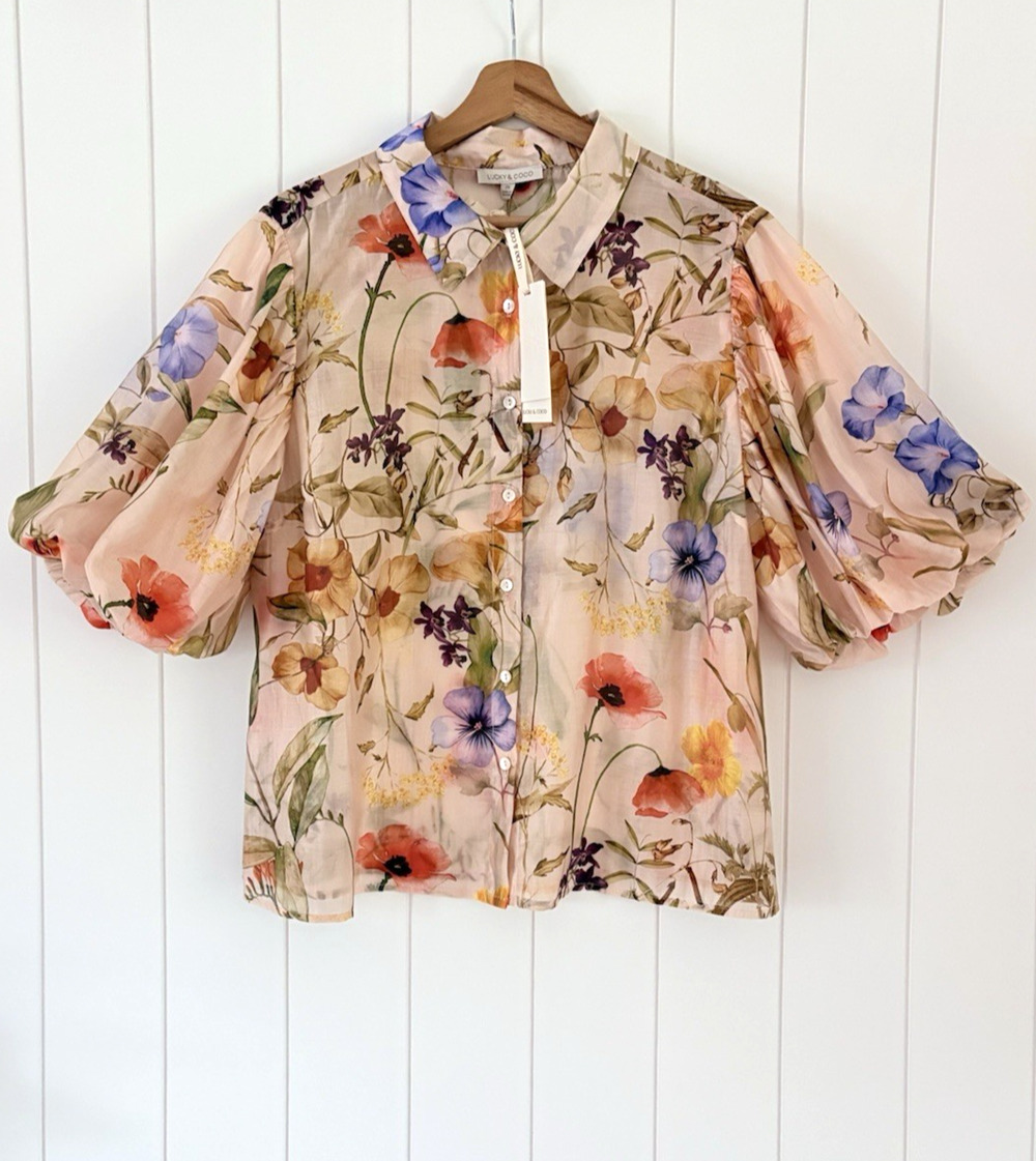 Lucky & Coco Plus Size 2X Sheer Floral Button Front Blouse Puff Sleeve Pink NWT